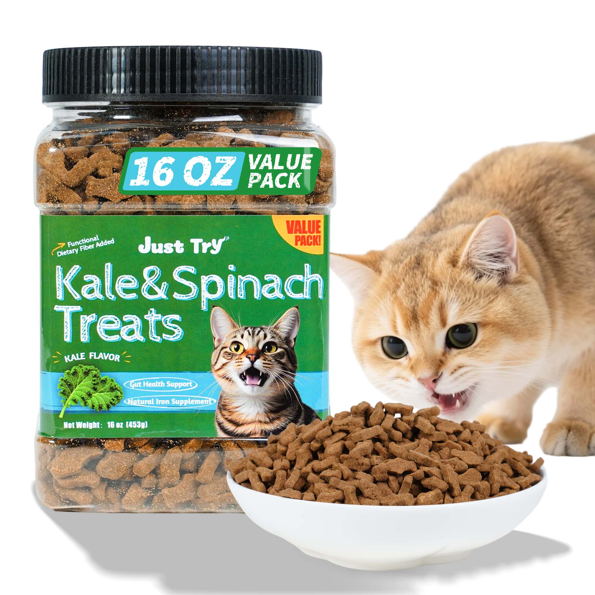 JUSTTRY Kale & Spinach Cat Treats – Gluten-Free Low-Calorie Snacks with Natural Chicken Flavor for Indoor Cats, 16oz